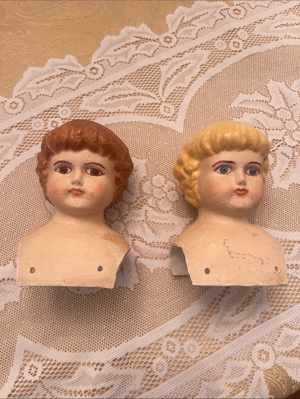 Vintage Porcelain Doll Heads - Brown and Blonde Hair